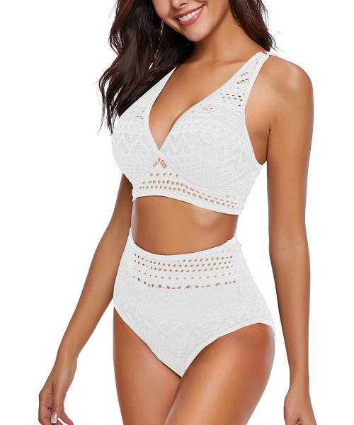 Sets Women's Crochet Lace V Neck High Waist Bikini Set Two Pieces Swimsuit - White - CJ18U8MT4CY