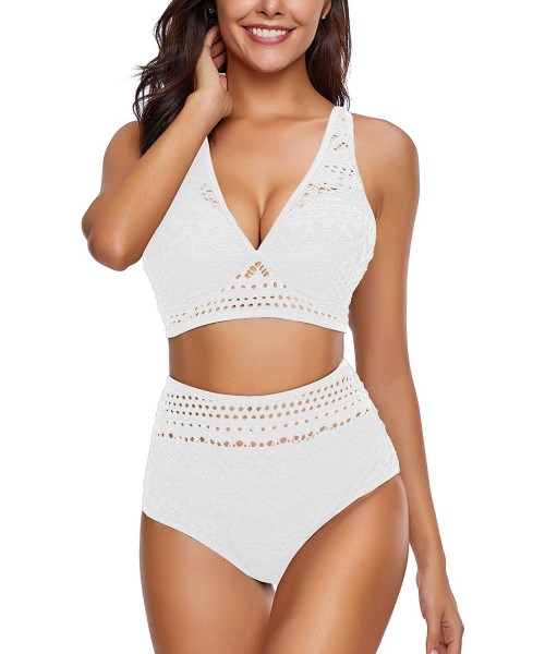 Sets Women's Crochet Lace V Neck High Waist Bikini Set Two Pieces Swimsuit - White - CJ18U8MT4CY