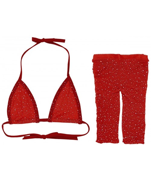 Sets Women Fishnet Swimwear Rhinestone Glitter See Through Clubwear Bikini Top and Shorts Lingerie Beach Cover Up Set Red - C...