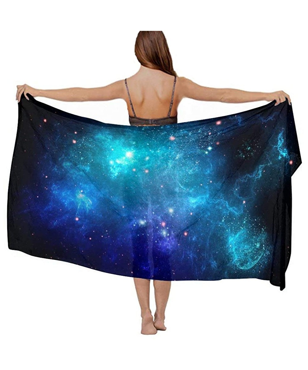 Cover-Ups Women Girl Fashion Chiffon Scarf Bikini Cover Up Summer Beach Sarong Wrap - Blue Galaxy Nebula Space - C619C6OGIQZ