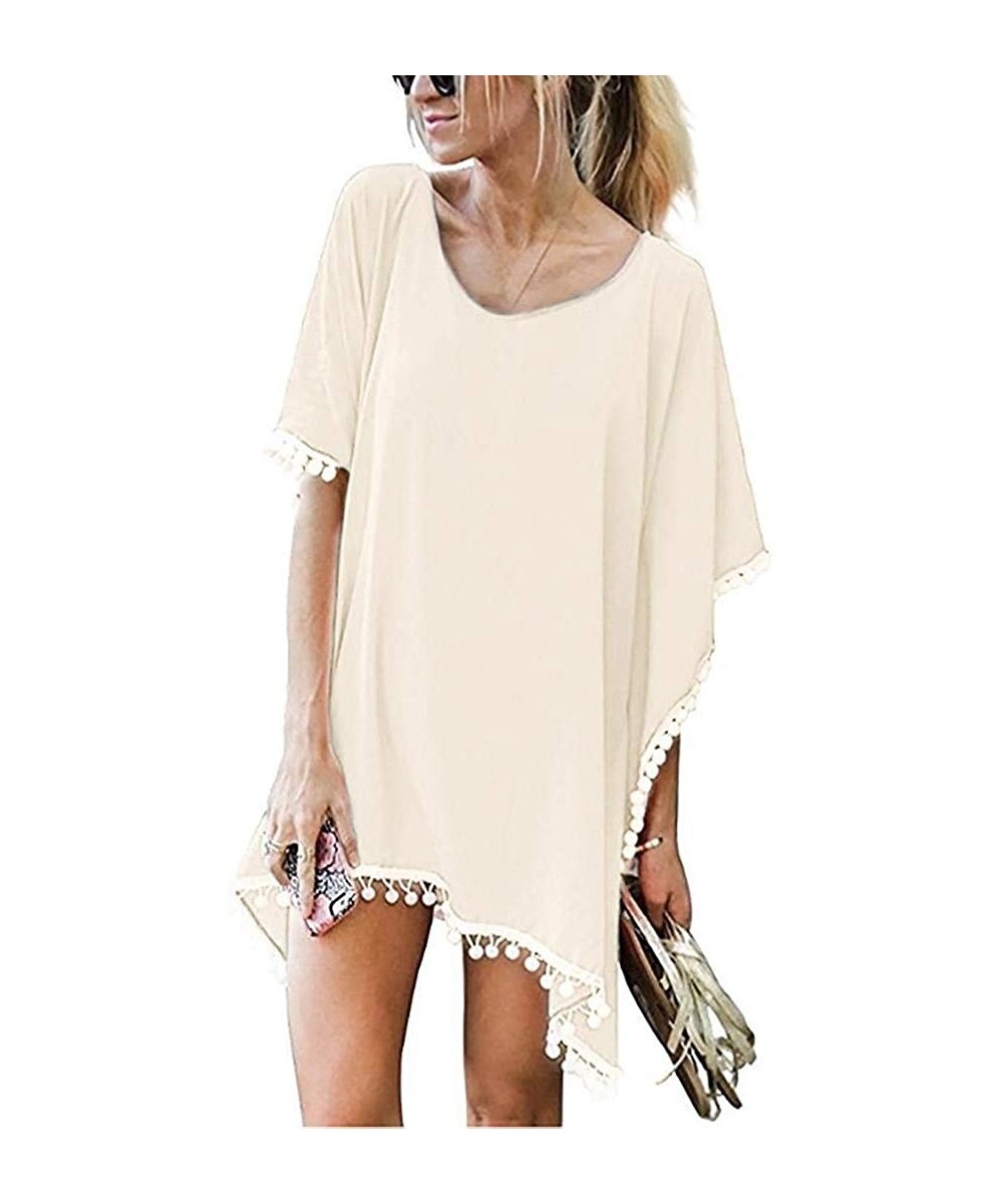 Cover-Ups Women Bikini Cover Up Half Sleeve Loose Swimsuit V-Neck Tassel Ball Tops Cover-Ups - Beige - CE19647Z6M4