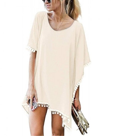 Cover-Ups Women Bikini Cover Up Half Sleeve Loose Swimsuit V-Neck Tassel Ball Tops Cover-Ups - Beige - CE19647Z6M4