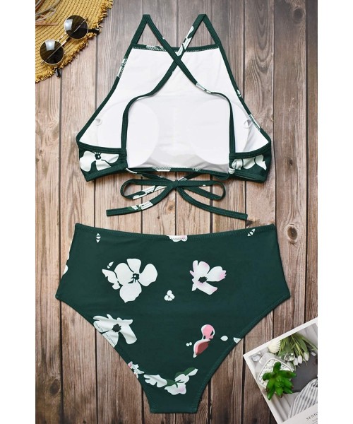 Sets Women Floral Tankini Set Lace Up Ruched High Waisted Two Piece Swimsuit - Floral - CO196MDAU0C