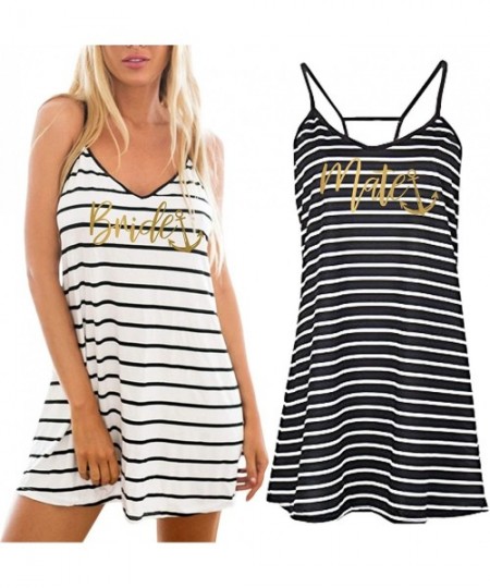 Cover-Ups Gold Bride or Mate Bridesmaid Striped Swimsuit Cover Up Beach Dress - White W/Black Stripe - Bride - CB18DOOKN8R