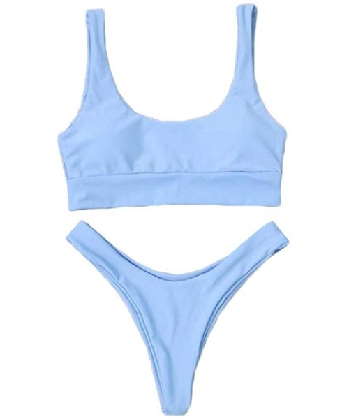 Sets Women Two Piece Swimwear Sexy Strappy Bikini Set Swimsuit Solid Thong Bottom Bathing Suit - Blue - CW19445UZHA