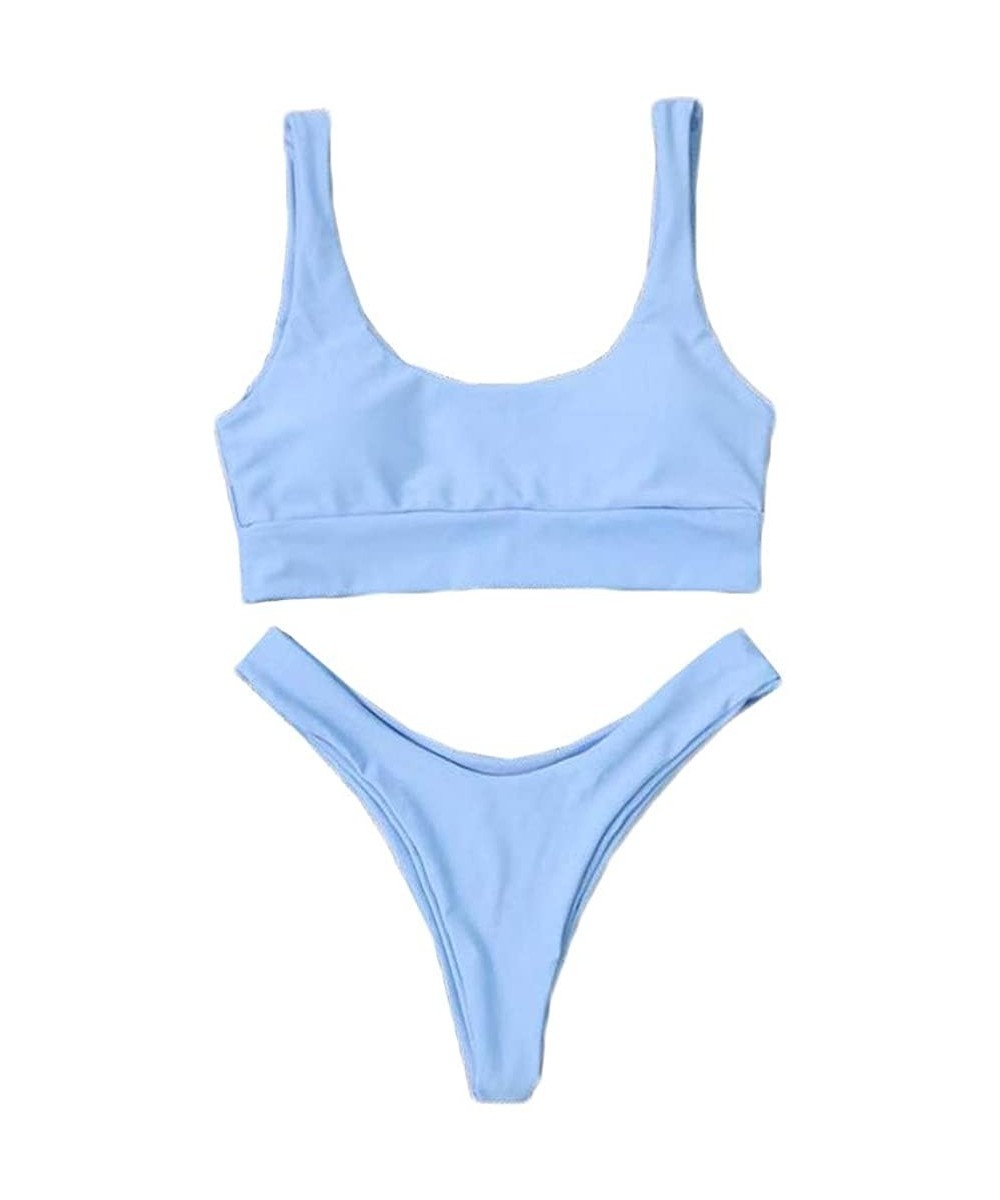 Sets Women Two Piece Swimwear Sexy Strappy Bikini Set Swimsuit Solid Thong Bottom Bathing Suit - Blue - CW19445UZHA