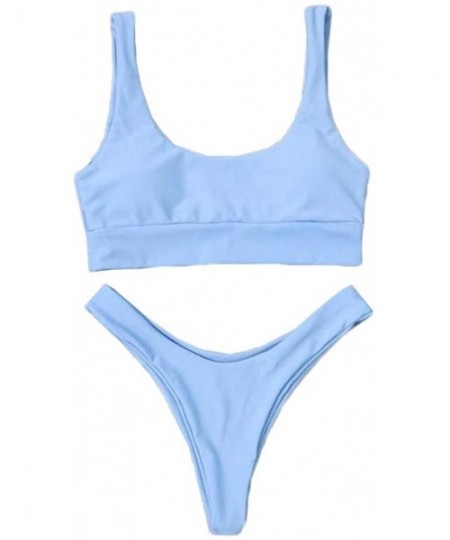 Sets Women Two Piece Swimwear Sexy Strappy Bikini Set Swimsuit Solid Thong Bottom Bathing Suit - Blue - CW19445UZHA