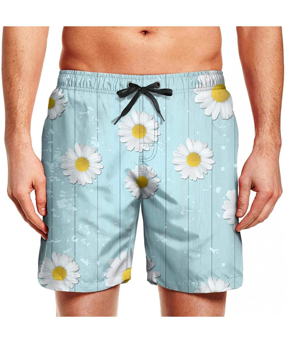 Board Shorts Mens Summer Cool Quick Dry Board Shorts Daisy Floral on Wooden Board Swim Trunks Bathing Suit with Side Pockets ...