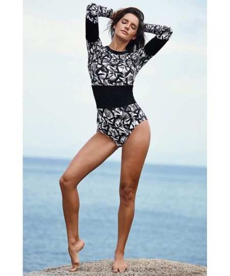 Rash Guards Women Zip Front Athletic One Piece Swimsuit Printed Swimwear Beach Surfing Bathing Suit - Black/White - CK18REKNK45