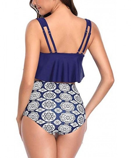 Sets Women Two Pieces Bathing Suits Top Ruffled Racerback High Waisted Bottom Tankini Set Swimwear - Dark Blue 7 - CV18QL4GKLA