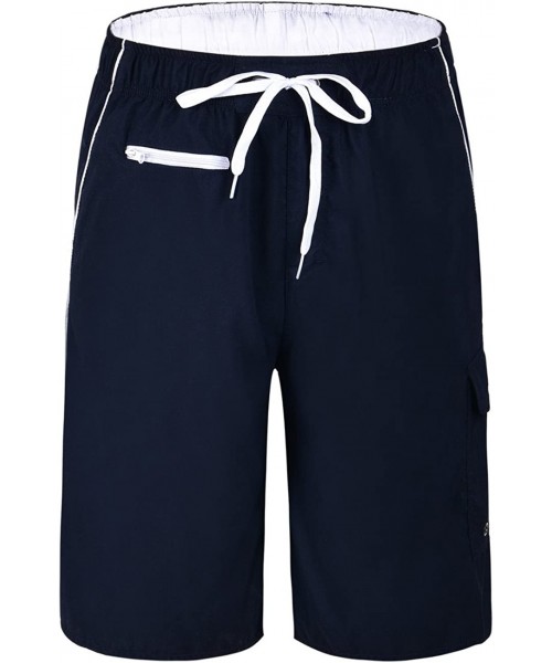 Trunks Men's Beachwear Swim Trunks Quick Dry Zipper Pockets with Lining - Navy(white Straps) - CB185O4W89M