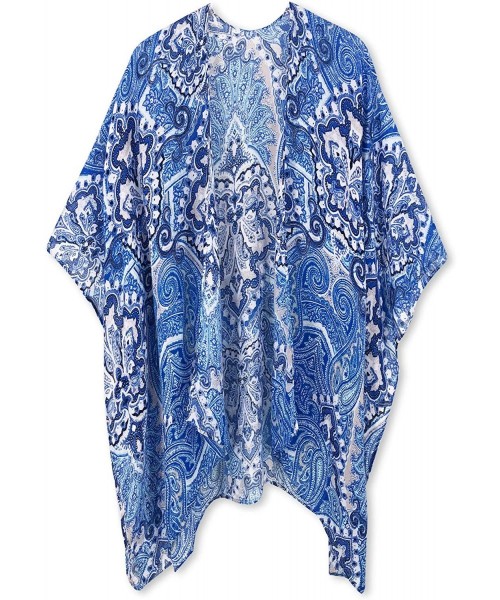 Cover-Ups Women's Beach Cover up Swimsuit Kimono Cardigan with Bohemian Floral Print - Blue Print - CY18QRW0A79