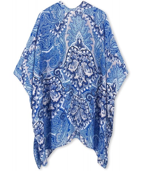 Cover-Ups Women's Beach Cover up Swimsuit Kimono Cardigan with Bohemian Floral Print - Blue Print - CY18QRW0A79