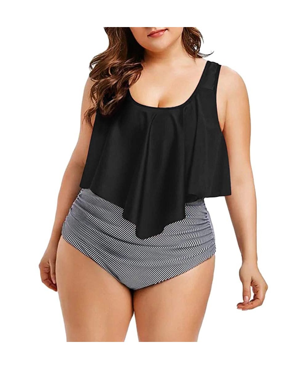 Sets Women Plus Size Swimsuit Summer High Waisted Girls Sexy Bikinis Backless 2PCS Tankini Swinwear Bathing Suits 2019 - Blac...