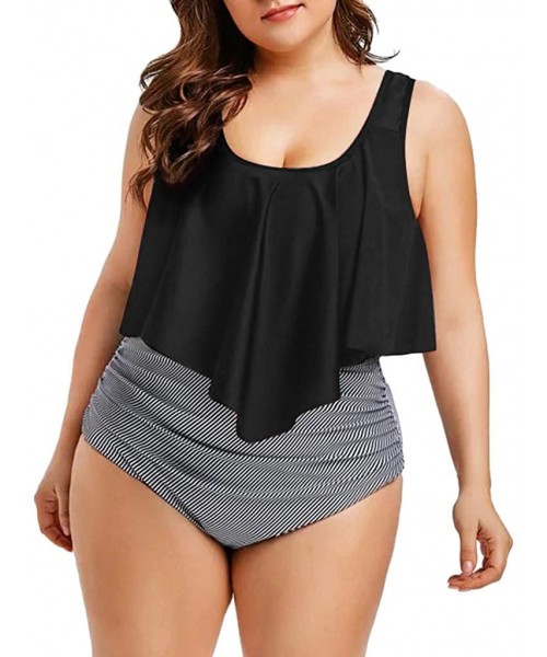 Sets Women Plus Size Swimsuit Summer High Waisted Girls Sexy Bikinis Backless 2PCS Tankini Swinwear Bathing Suits 2019 - Blac...