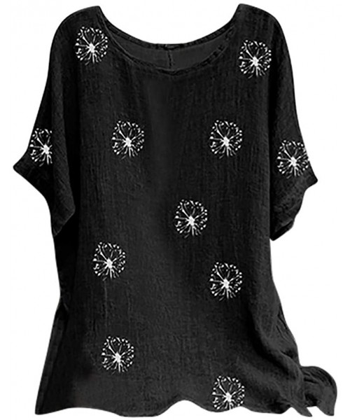 Rash Guards Women's Floral Print Lightweight Cotton Linen O Neck Short Sleeve Loose Blouse Casual Summer Loose Shirt B black ...