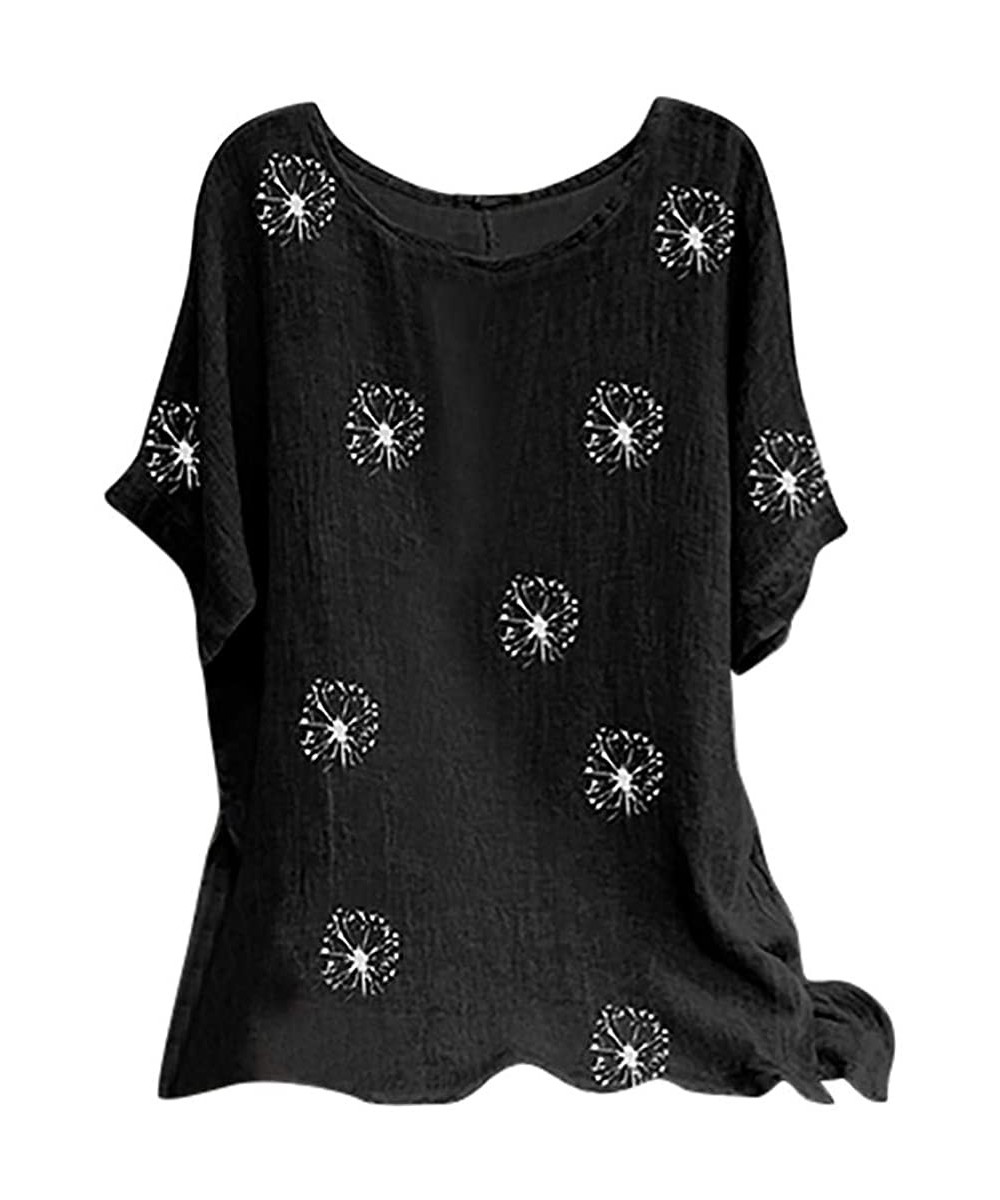 Rash Guards Women's Floral Print Lightweight Cotton Linen O Neck Short Sleeve Loose Blouse Casual Summer Loose Shirt B black ...