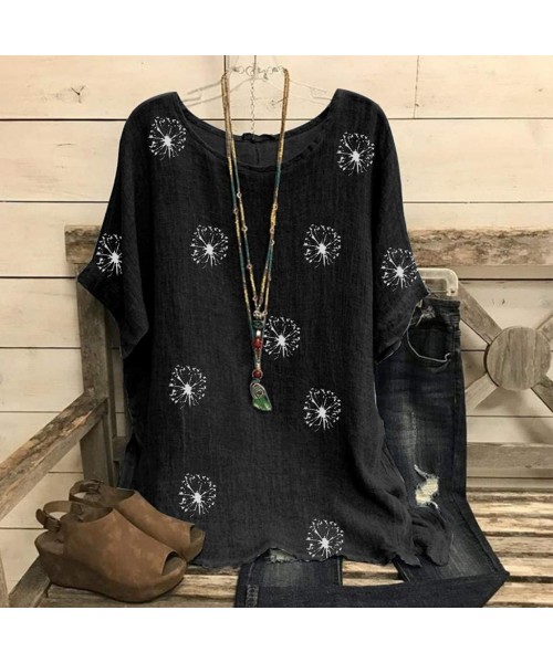 Rash Guards Women's Floral Print Lightweight Cotton Linen O Neck Short Sleeve Loose Blouse Casual Summer Loose Shirt B black ...