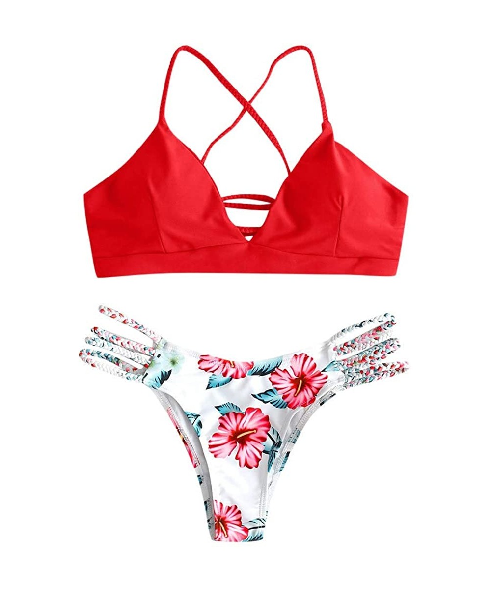 Sets Foral Lace Up Bikini Set for Women Adjustable Back Criss-Cross Braided Strap Two Piece Swimsuits - Red - CI194A3MLG8