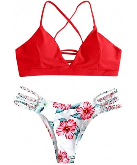 Sets Foral Lace Up Bikini Set for Women Adjustable Back Criss-Cross Braided Strap Two Piece Swimsuits - Red - CI194A3MLG8