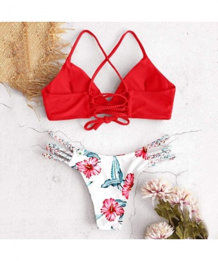 Sets Foral Lace Up Bikini Set for Women Adjustable Back Criss-Cross Braided Strap Two Piece Swimsuits - Red - CI194A3MLG8