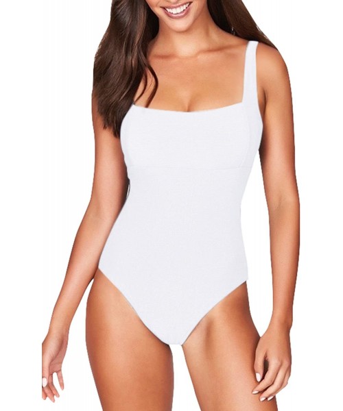 One-Pieces Womens Square Neck Cheeky High Cut One Piece Bathing Suit Swimsuit - B-white - C118DA0CSC3