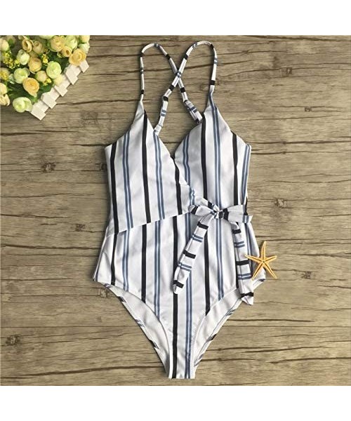 One-Pieces Women's Cute Stripe Halter Backless Tie Knot Padding One-Piece High Waist Swimsuit Beach Swimwear Bathing Suit - B...