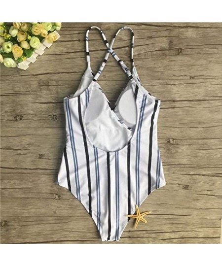 One-Pieces Women's Cute Stripe Halter Backless Tie Knot Padding One-Piece High Waist Swimsuit Beach Swimwear Bathing Suit - B...