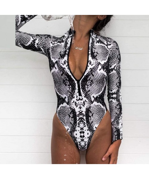 One-Pieces Long Sleeve Swimsuit Women Bikini Leopard Print Set Swimsuit One Piece Filled Bra Swimwear Beachwear - Gray - CE19...