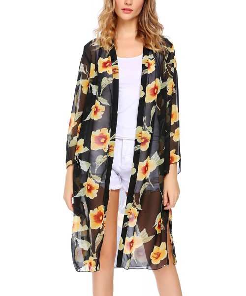 Cover-Ups Women's Floral Print Sheer Chiffon Kimono Cardigan Capes Beach Cover up - Style 3 Black - CK187AT8YIY