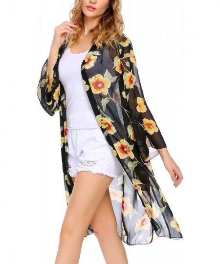 Cover-Ups Women's Floral Print Sheer Chiffon Kimono Cardigan Capes Beach Cover up - Style 3 Black - CK187AT8YIY