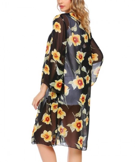 Cover-Ups Women's Floral Print Sheer Chiffon Kimono Cardigan Capes Beach Cover up - Style 3 Black - CK187AT8YIY