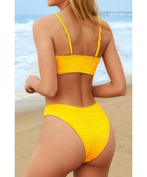 Sets Women's Mid Rise Bright Yellow Bandeau High Leg Bikini Swimsuit Sets - CB197KU4M93