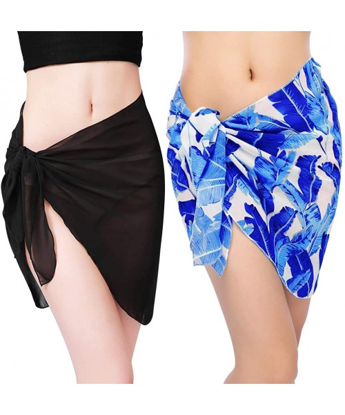 Cover-Ups 2 Pieces Women Chiffon Beach Cover Up Sarong Wrap Swimwear Pareo Swimsuit Short Dress Skirt Black+ Blue Banana Leaf...