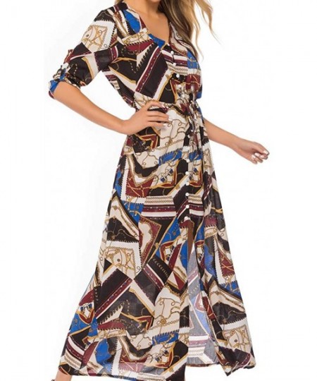 Racing Women Vintage Plus Size Boho Button Down Patchwork Split Maxi Dress Elegant 3/4 Sleeve Bohemian Pleated Swing Long Dre...