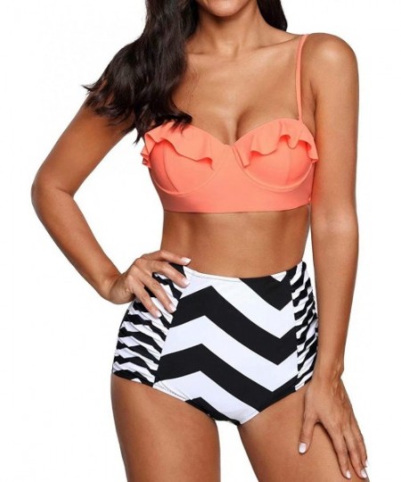 Sets Vintage High Waist Floral Women's Bikini Set Strappy Push Up Bathing Suit - Orange Top With Zebra Bottom - CN12F6R7IQR