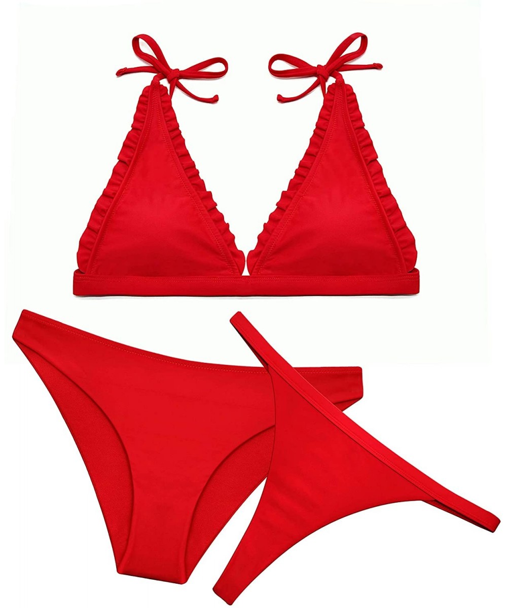 Sets Women's Ruffle Trim V-Neck Halter Bikini Top Brazilian Cheeky Thong Bottom - Red-a - CH1962HGA8N