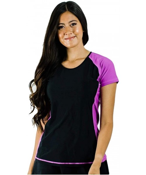 Tankinis Women's Modest Rash Guard Short Sleeve Swim Shirt (XS-4X) UPF 50+ - Black/Dark Magenta-loose Fit - CW19DL7GQZM