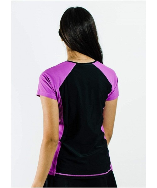 Tankinis Women's Modest Rash Guard Short Sleeve Swim Shirt (XS-4X) UPF 50+ - Black/Dark Magenta-loose Fit - CW19DL7GQZM