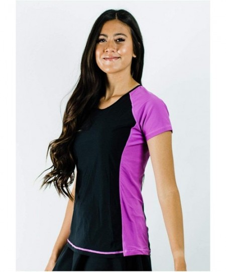 Tankinis Women's Modest Rash Guard Short Sleeve Swim Shirt (XS-4X) UPF 50+ - Black/Dark Magenta-loose Fit - CW19DL7GQZM