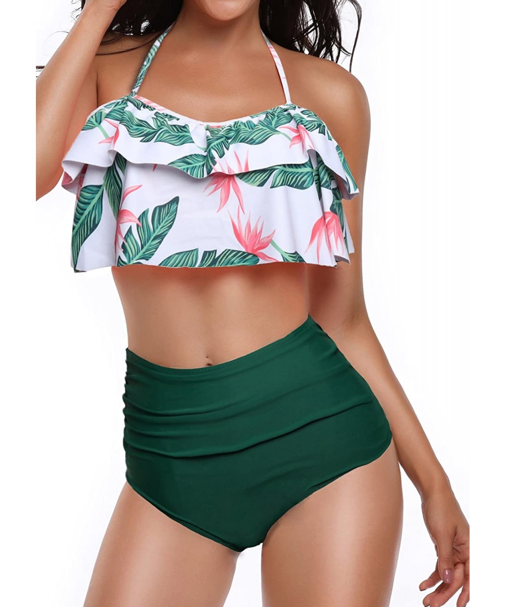 Sets Women Retro Flounce High Waisted Bikini Halter Neck Two Piece Swimsuit - Green - CM18D4MK2U2