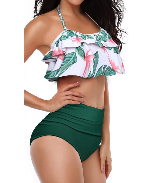 Sets Women Retro Flounce High Waisted Bikini Halter Neck Two Piece Swimsuit - Green - CM18D4MK2U2