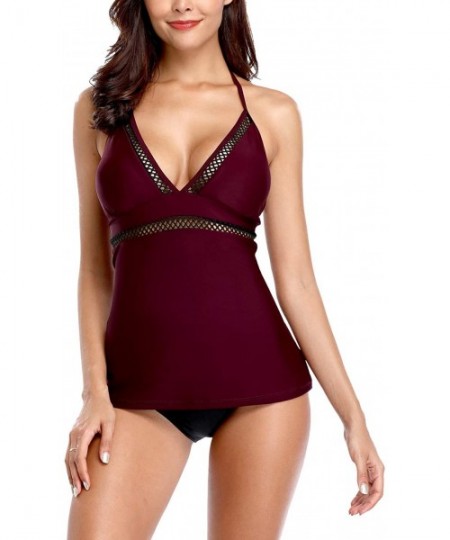 Sets Womens Tankini Swimwear Blouson Halter Two Piece Swimsuit Tummy Control - Wine*1 - C318NTIWRU9