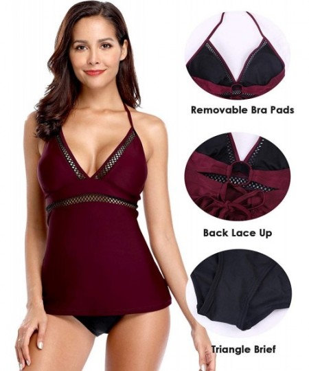 Sets Womens Tankini Swimwear Blouson Halter Two Piece Swimsuit Tummy Control - Wine*1 - C318NTIWRU9