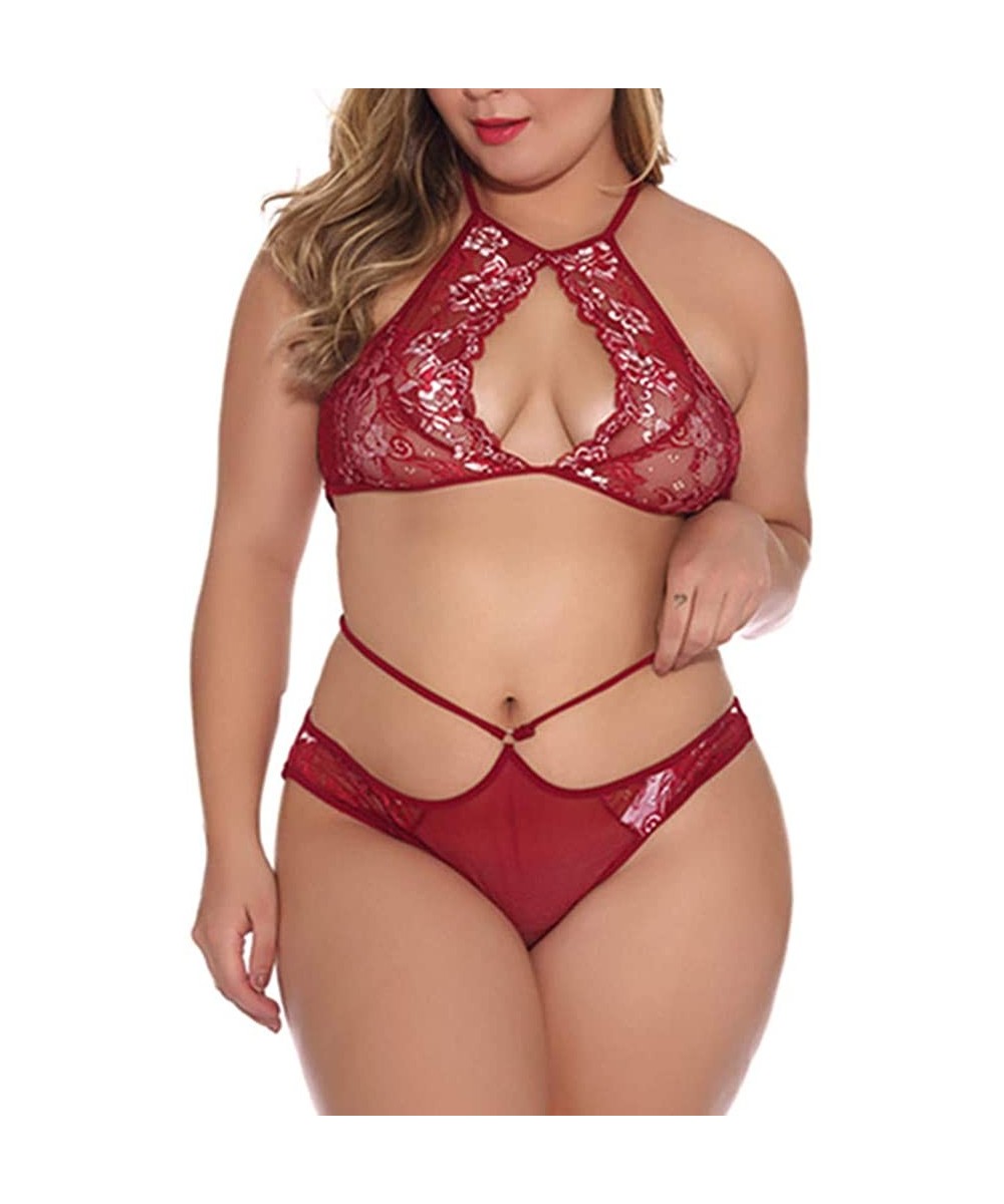 Bottoms Sexy Bra and Panty Set See Through Underwear Floral Lace Sheer Lingerie Set 2 Piece Outfits Lace - Dark Red-a - CW18U...