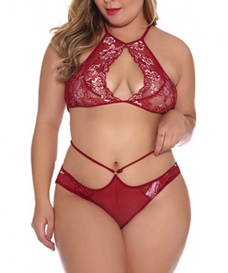 Bottoms Sexy Bra and Panty Set See Through Underwear Floral Lace Sheer Lingerie Set 2 Piece Outfits Lace - Dark Red-a - CW18U...