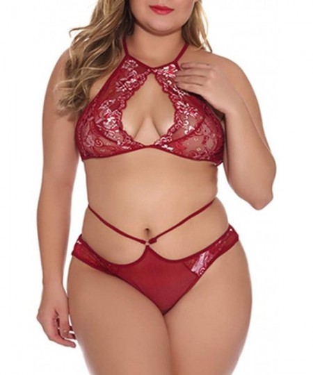 Bottoms Sexy Bra and Panty Set See Through Underwear Floral Lace Sheer Lingerie Set 2 Piece Outfits Lace - Dark Red-a - CW18U...