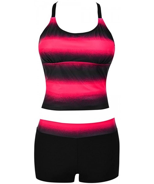 Racing Women's Open Back Color Block Striped Tankini Set with Boyshort Swimsuit Swimwear - Red - CX194URMOQ8