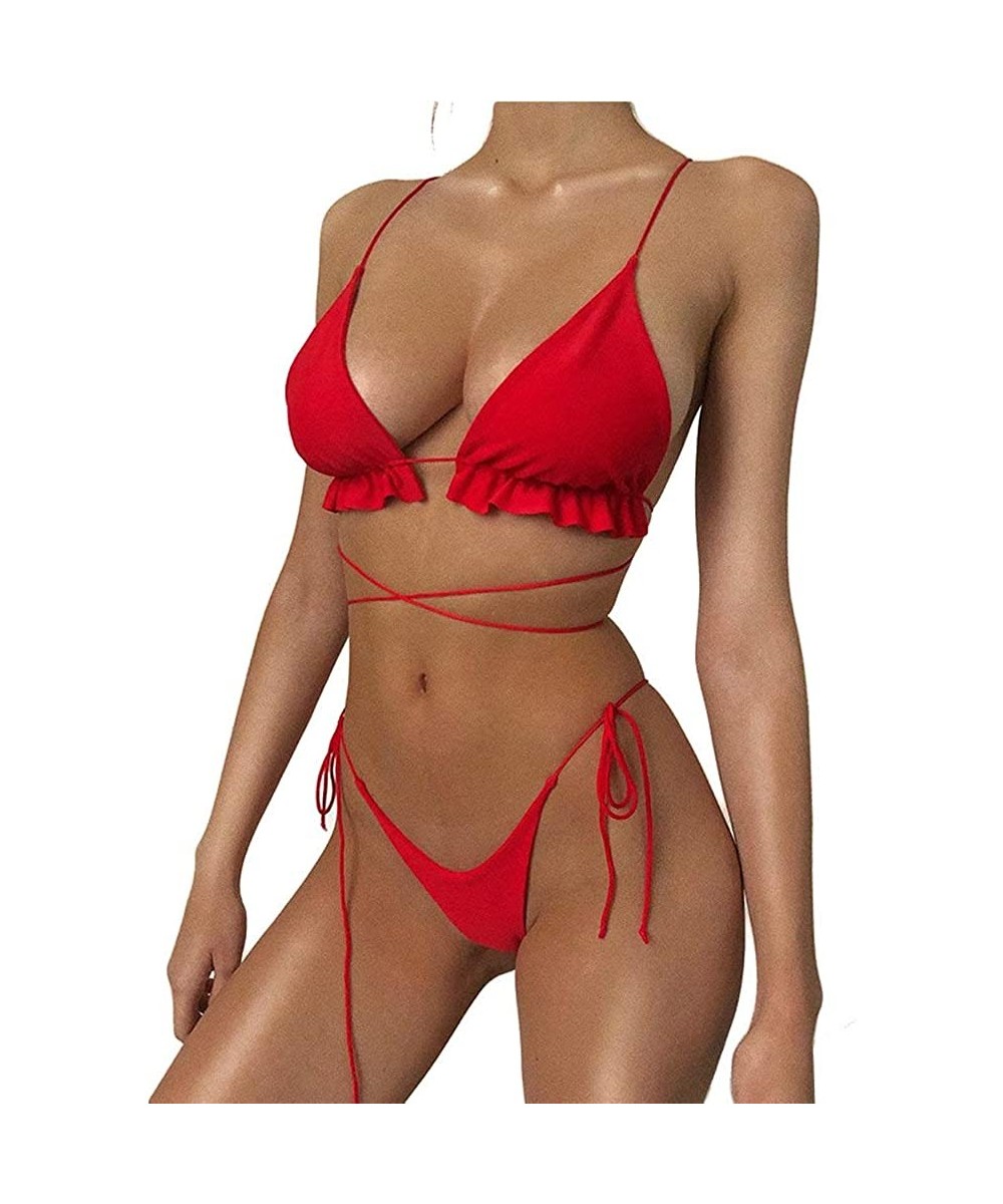 Sets Women Striped Triangle Bikini Sets Female Top Tie Side Bottom Padded Swimsuit - Red - CM18DO20E2X