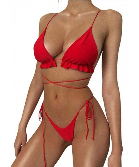 Sets Women Striped Triangle Bikini Sets Female Top Tie Side Bottom Padded Swimsuit - Red - CM18DO20E2X